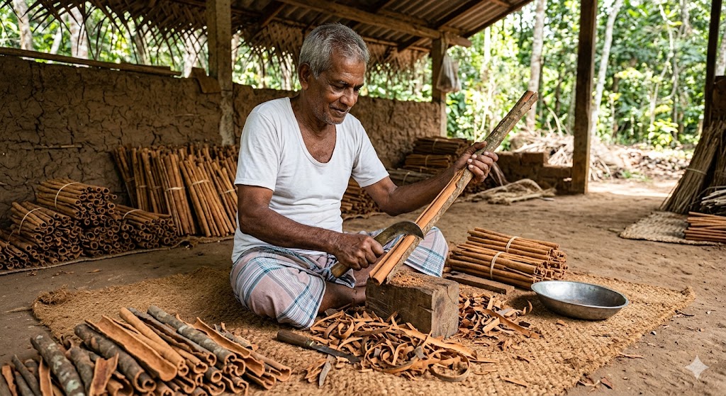 A Ceylon cinnamon peeler at the bench
